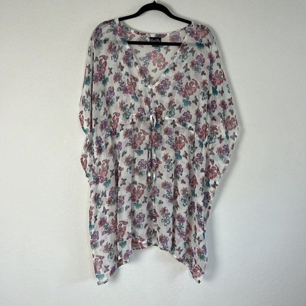 Good Times Womens White Floral Sheer Swim Cover Boho Tunic 3/4 Batwing Sleeve OS